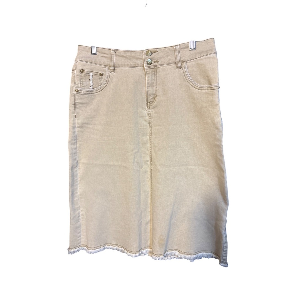 Style J Women's Khaki Denim Midi Skirt Distressed Frayed Hem Size 32